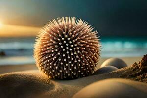 a spiky ball of sand on the beach. AI-Generated photo