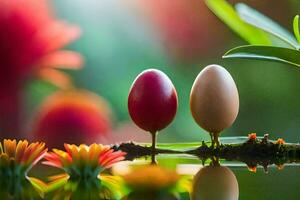 dos huevos son sentado en un rama con flores generado por ai foto