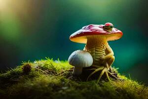 a red and white frog sits on top of a moss covered rock. AI-Generated photo