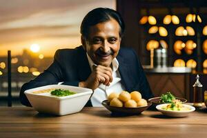 a man in a suit sitting at a table with bowls of food. AI-Generated photo