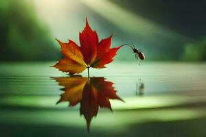 a red leaf floating in the water with a bug on it. AI-Generated photo