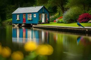 a blue houseboat sits on the water next to a garden. AI-Generated photo