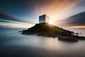 a building on top of a rock in the ocean. AI-Generated photo