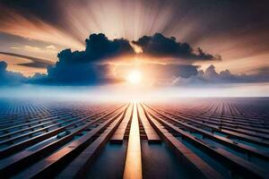 the sun shines through the clouds over a field. AI-Generated photo