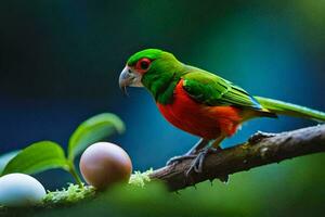 a colorful bird sits on a branch with an egg. AI-Generated photo