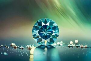 un diamante es mostrado en un mesa con agua gotas. generado por ai foto