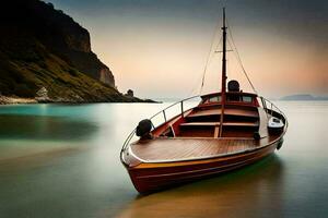 a boat sits on the water at sunset. AI-Generated photo