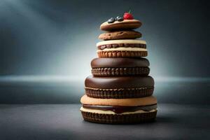 a stack of chocolate and raspberry filled cookies. AI-Generated photo