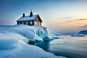 a house sits on top of an iceberg in the middle of the ocean. AI-Generated photo