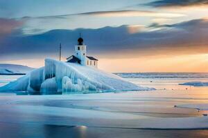 a lighthouse sits on top of an iceberg in the middle of the ocean. AI-Generated photo