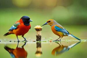 two colorful birds standing on the water with a flower. AI-Generated photo