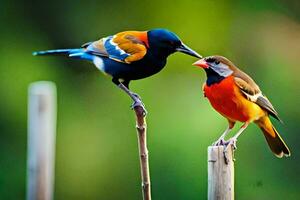 two colorful birds sitting on a wooden post. AI-Generated photo