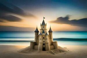 un arena castillo en el playa a puesta de sol. generado por ai foto