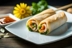 chinese food on a plate with chopsticks. AI-Generated photo