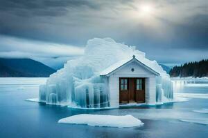 a house made of ice in the middle of a lake. AI-Generated photo