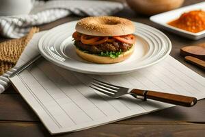 a bagel with meat and vegetables on a plate. AI-Generated photo