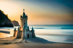 un arena castillo en el playa a puesta de sol. generado por ai foto