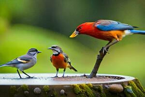 Tres vistoso aves en pie en un pájaro alimentador. generado por ai foto