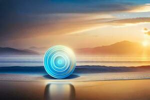 a blue circular object on the beach at sunset. AI-Generated photo