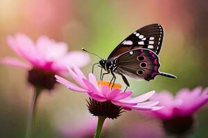 mariposa en rosado flor en el jardín. generado por ai foto