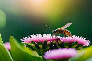 a bee on a pink flower with a green background. AI-Generated photo