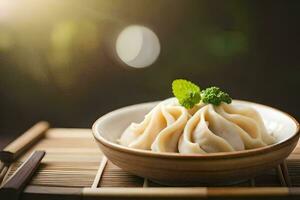 dumplings in a bowl on a wooden table. AI-Generated photo