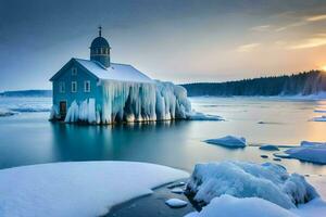 un Iglesia en el medio de un glacial lago. generado por ai foto