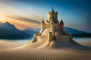 sand castle in the desert at sunset. AI-Generated photo