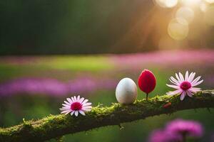 two eggs sit on a branch in a field with purple flowers. AI-Generated photo