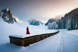 a woman in a red dress stands on a train track in the snow. AI-Generated photo