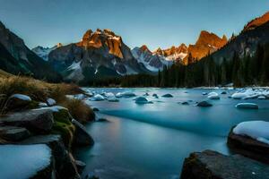 a river flows through a mountain range at sunset. AI-Generated photo