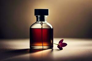 un botella de perfume con un flor en el mesa. generado por ai foto