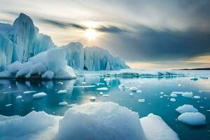 icebergs float in the water with the sun shining. AI-Generated photo