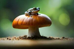 a frog sits on top of a mushroom. AI-Generated photo