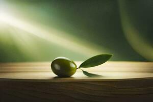 olive on a wooden table with sunlight. AI-Generated photo