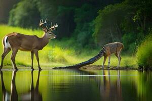 a deer and an alligator standing next to each other. AI-Generated photo