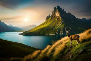 el ciervo es en pie en el herboso colina con vista a el lago. generado por ai foto