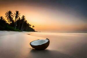 coconut on the beach, sunset, coconut, beach, sunset hd wallpaper. AI-Generated photo