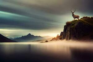 a deer stands on top of a mountain overlooking a lake. AI-Generated photo