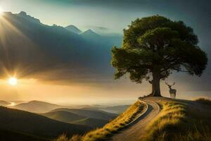 a lone tree stands on a hill with the sun setting behind it. AI-Generated photo