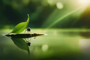 a small ant is sitting on a leaf in the water. AI-Generated photo