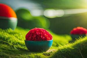 red flowers in a bowl on grass. AI-Generated photo