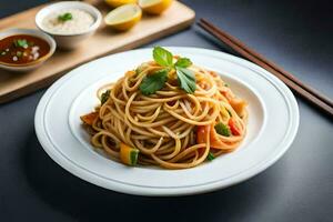 chinese noodles on a plate with chopsticks and a bowl of sauce. AI-Generated photo