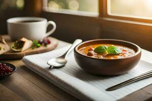 a bowl of soup and bread on a table. AI-Generated photo