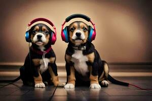 two puppies wearing headphones sit on a floor. AI-Generated photo