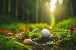 two eggs are in the middle of a field with flowers. AI-Generated photo