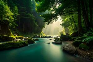 a river in the forest with rocks and trees. AI-Generated photo