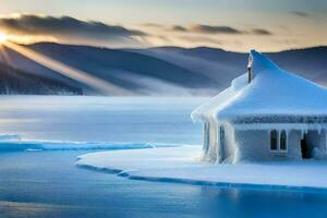 a house made of ice sits on the edge of a lake. AI-Generated photo