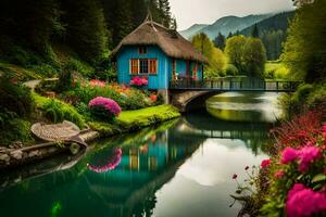 a blue house sits on a small bridge over a river. AI-Generated photo