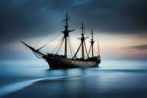 a sailing ship in the ocean at dusk. AI-Generated photo